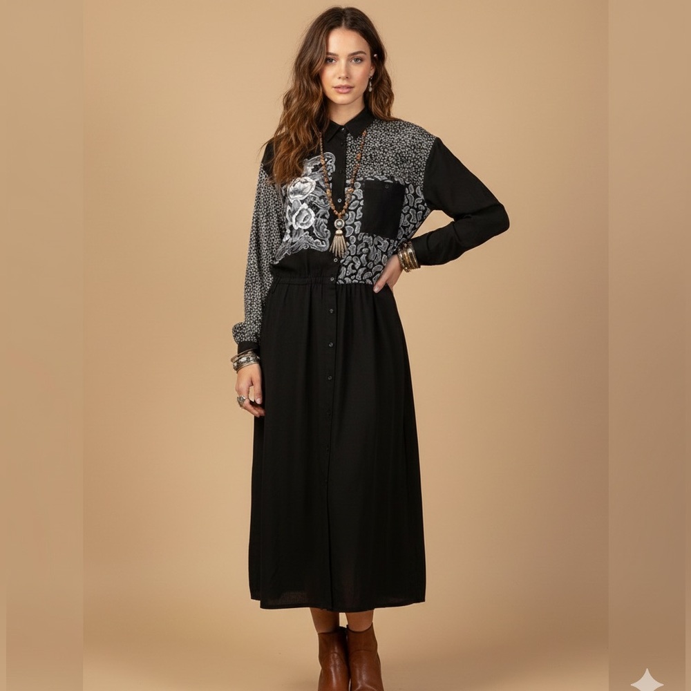 TOGETHER SPIEGEL MAXI‎ Shirt Dress Button Down Goblincore